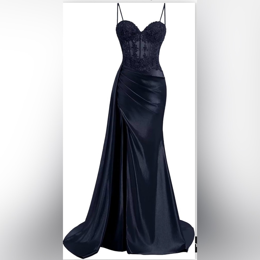 Navy Blue Satin, Lace Corset Prom Dress